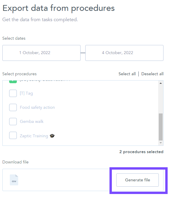How to export data from the procedures page 4