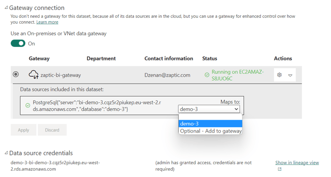 How to use on premises data gateway to connect to Zaptic Bi databases 2
